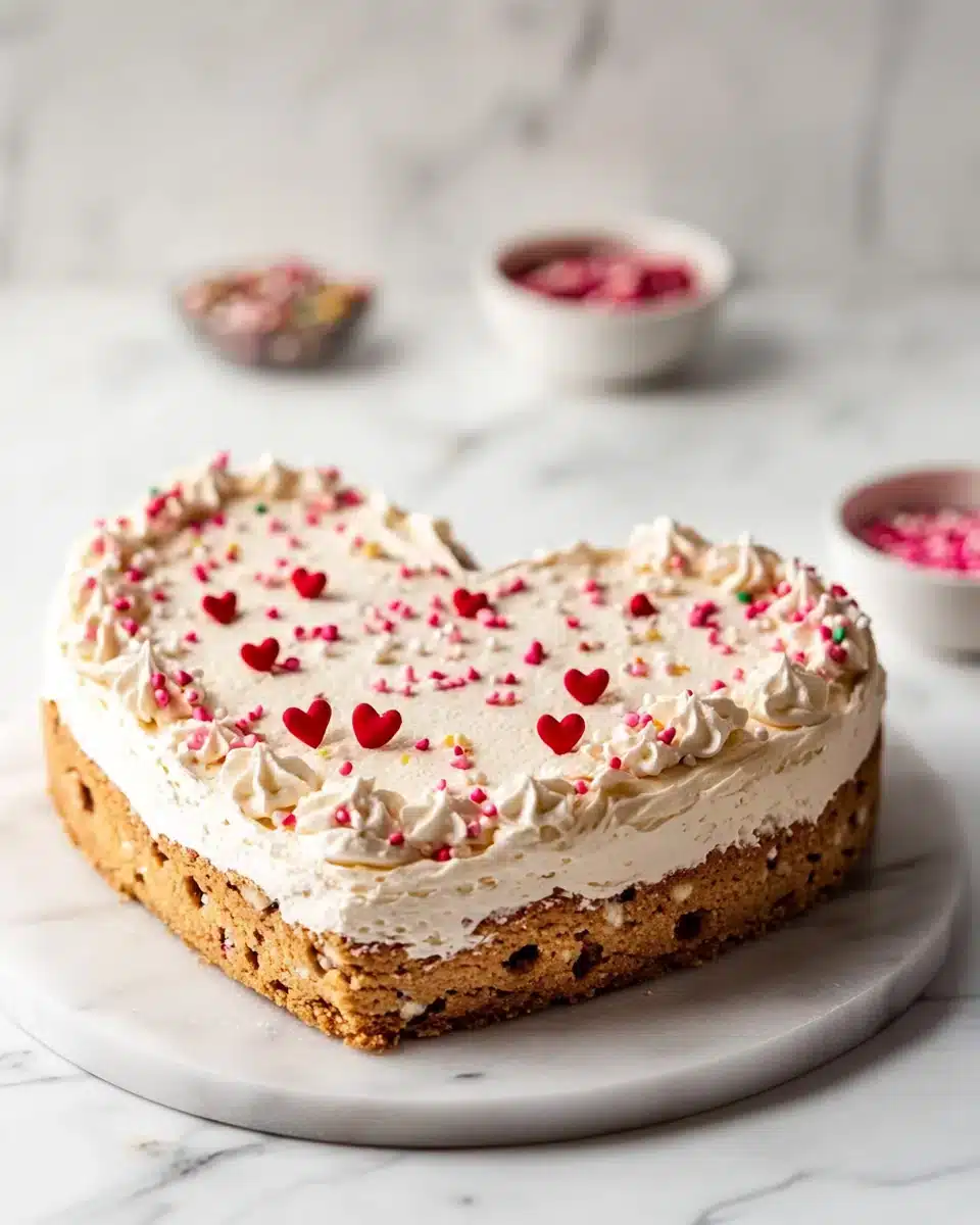 Valentine's Day cookie cake with frosting and sprinkles.