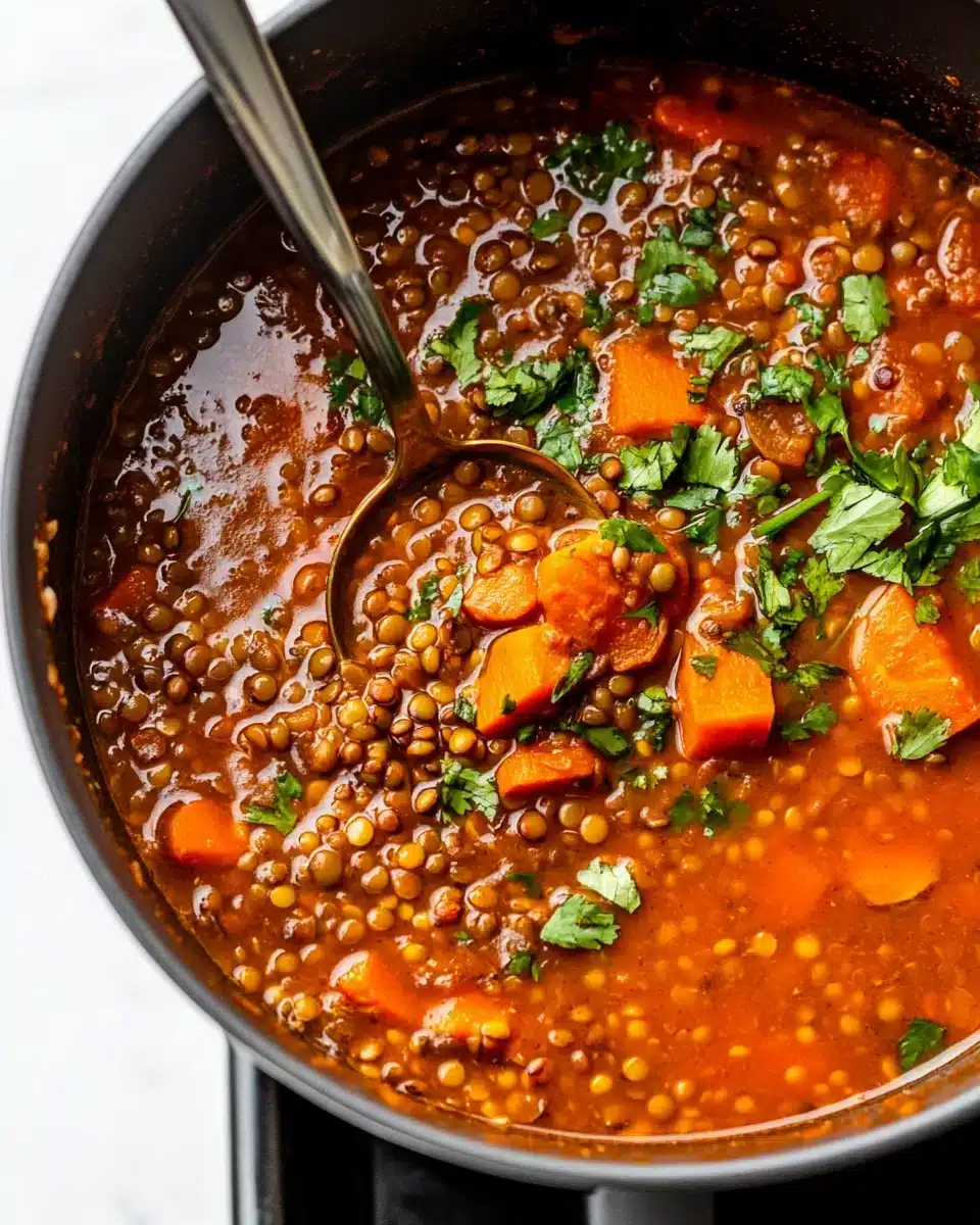 Vegan Lentil Soup with vibrant vegetables and rich flavors.