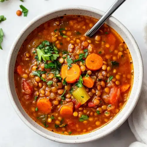 A hearty Vegan Lentil Soup with colorful vegetables and rich flavors.