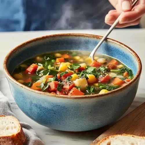 Vegetable Soup in a bowl with vibrant colors and hearty ingredients.