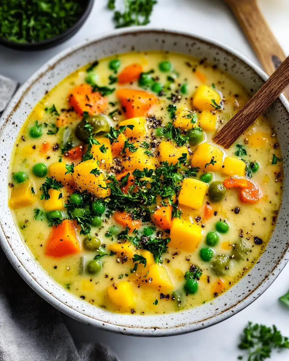 Delicious Veggie Pot Pie Soup with vibrant vegetables and creamy broth.