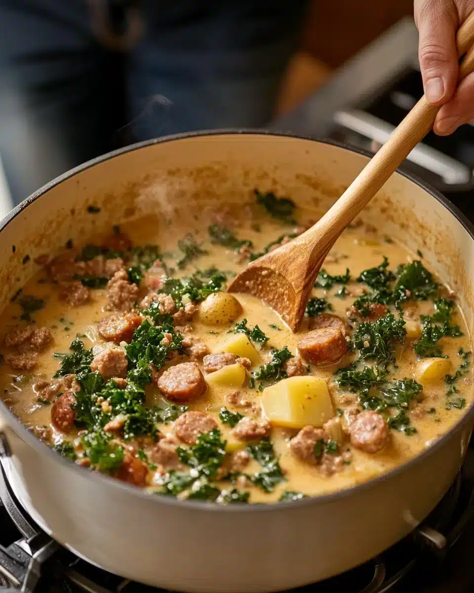 Delicious Zuppa Toscana in a pot, featuring creamy broth and kale.