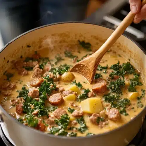 Delicious Zuppa Toscana in a pot, featuring creamy broth and kale.