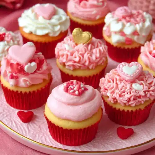 Baby shower cupcakes with creamy strawberry buttercream.