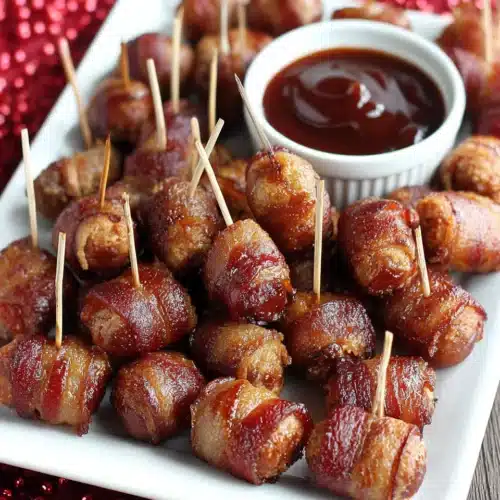 Bacon brown sugar smokies appetizer on white plate
