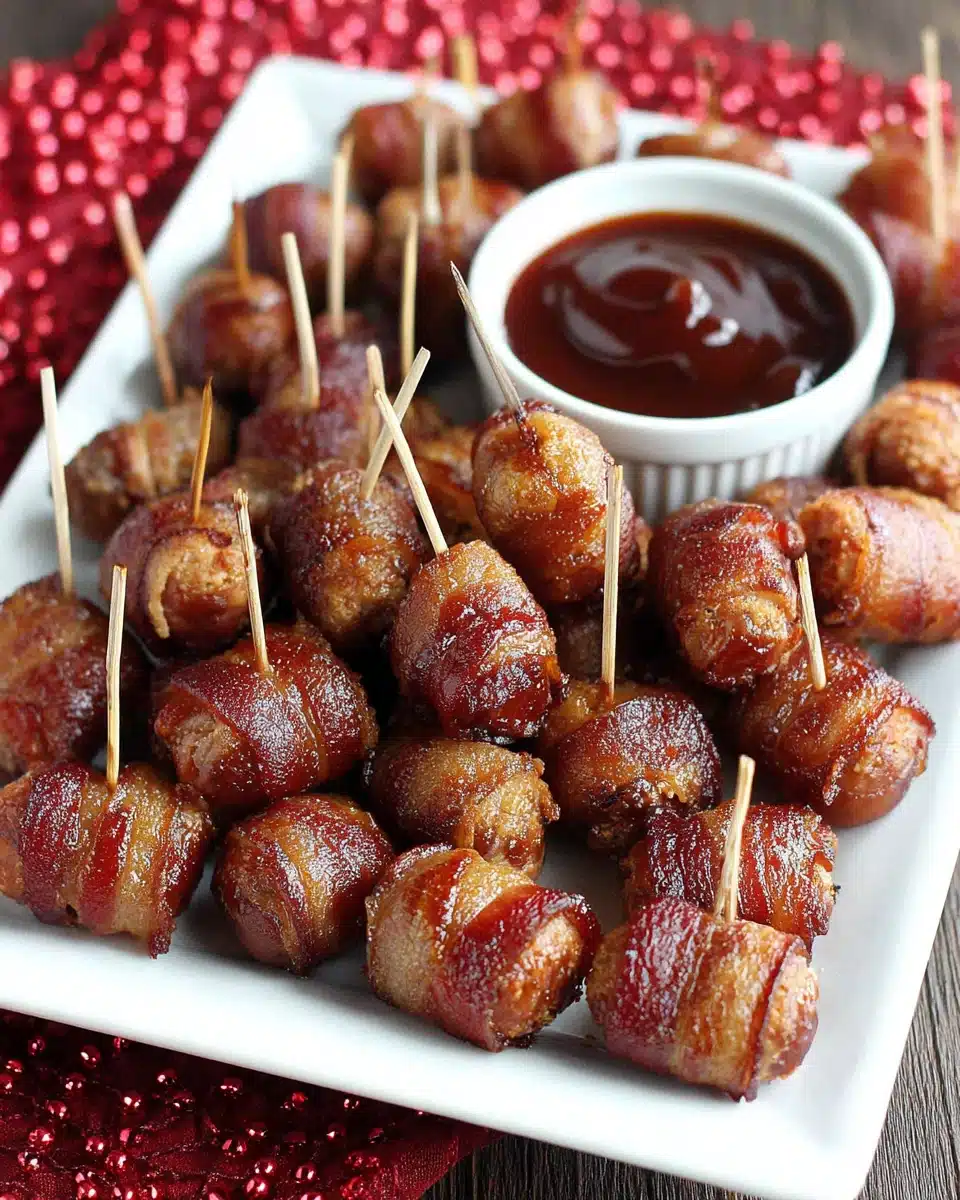 Bacon brown sugar smokies appetizer on white plate
