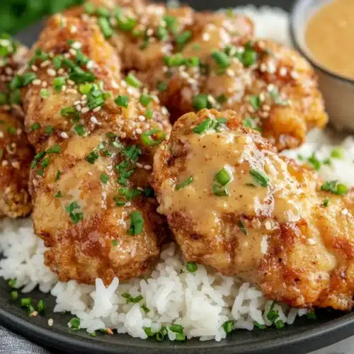 Delicious Bang Bang Chicken served with rice and sauce
