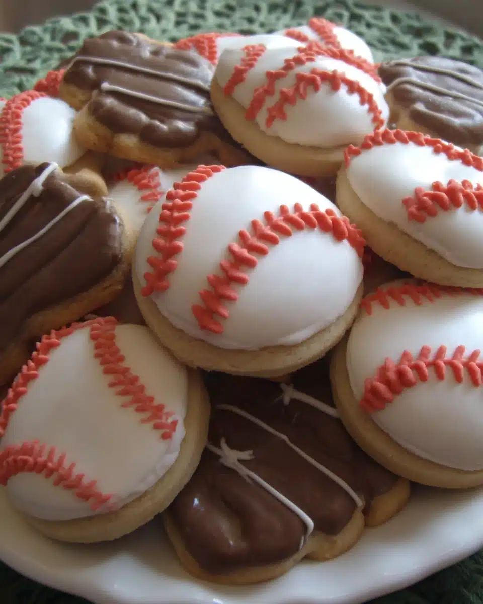 Baseball-Themed Sugar Cookies for Party Favors Baseball party favors: decorated sugar cookies shaped like baseballs and bats.