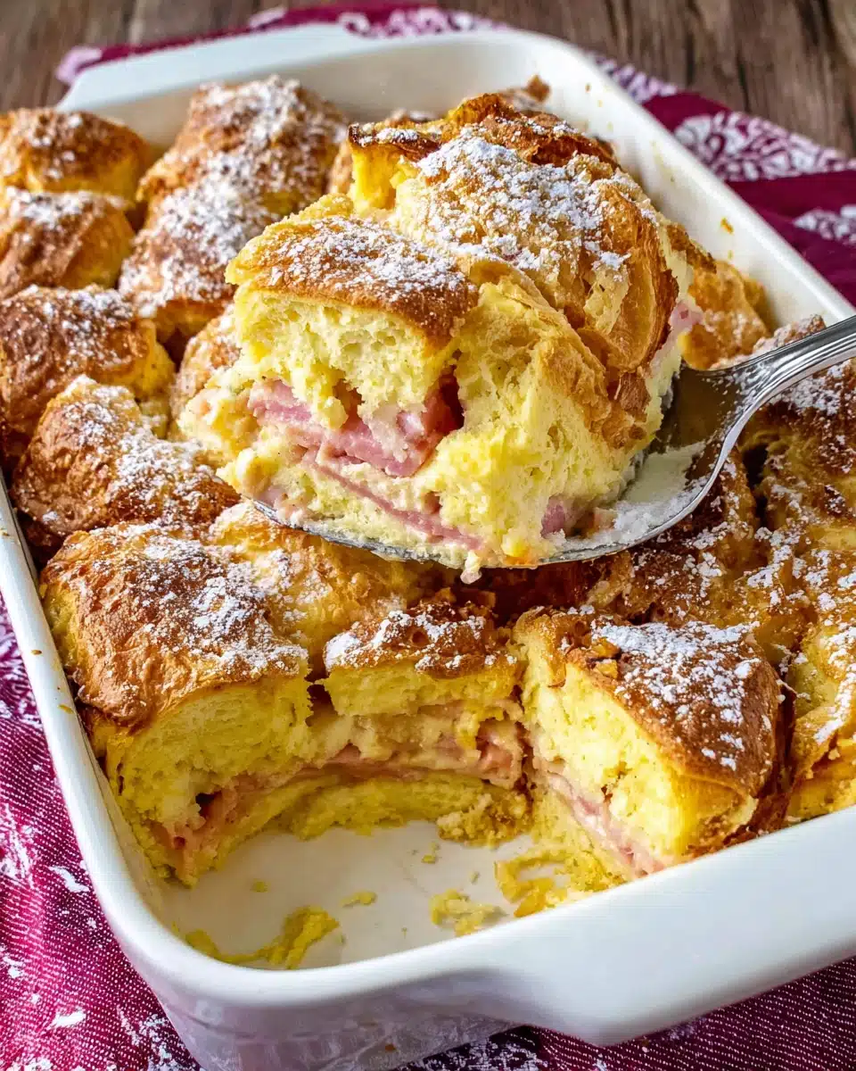Delicious breakfast casserole made with croissants and ham.