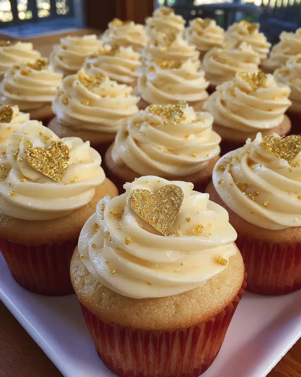 Bridal shower cupcakes with golden sprinkles.