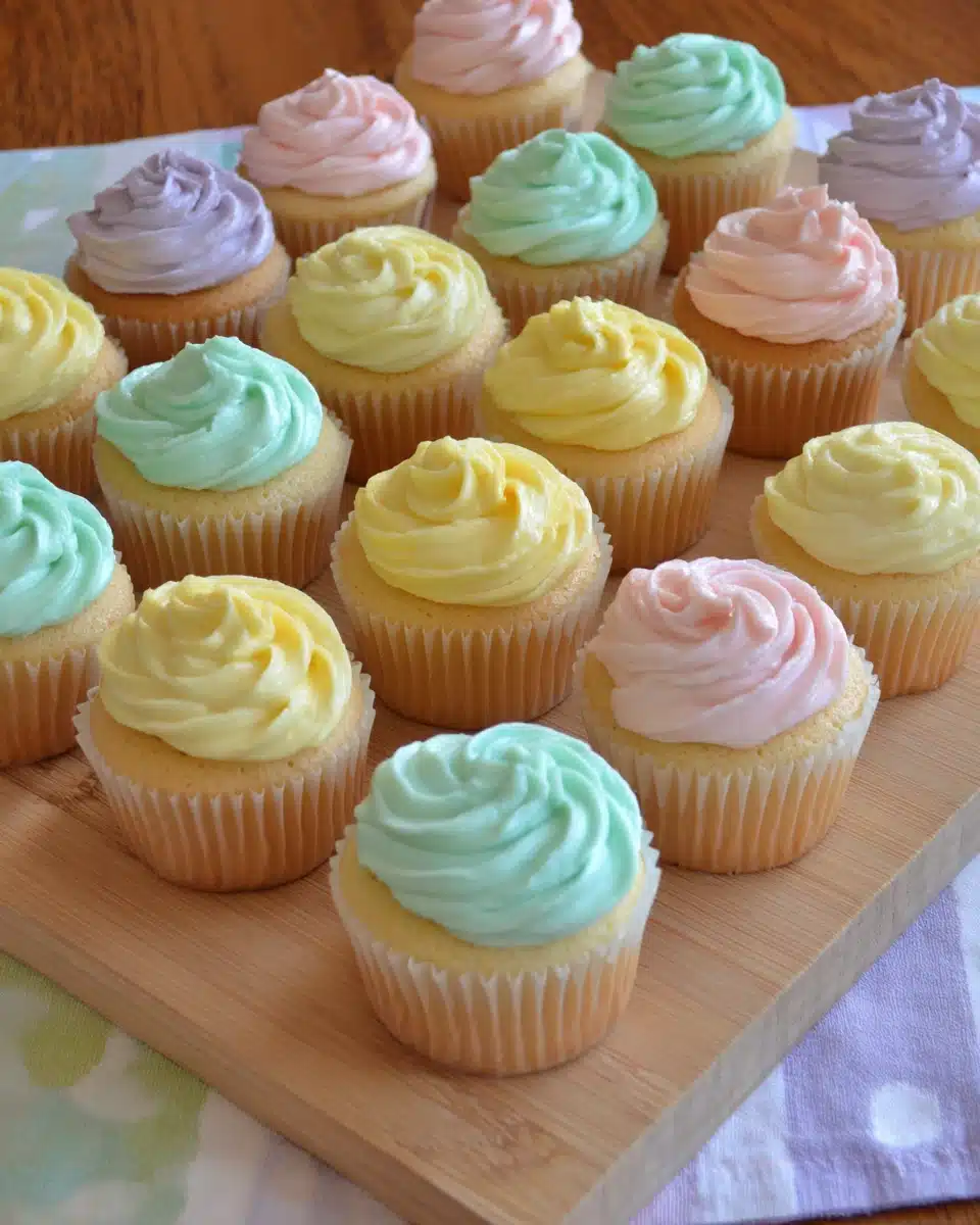 Colorful bridal shower cupcakes adorned with various frostings.