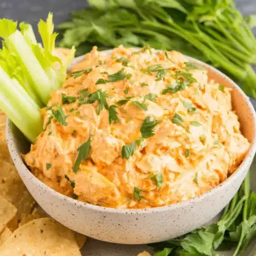 Buffalo chicken dip served with tortilla chips and celery.