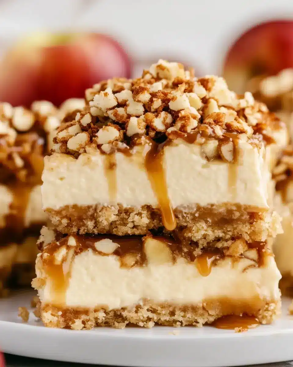 Caramel Apple Cheesecake Bars Delicious Caramel Apple Cheesecake Bars topped with caramel and spiced apples.