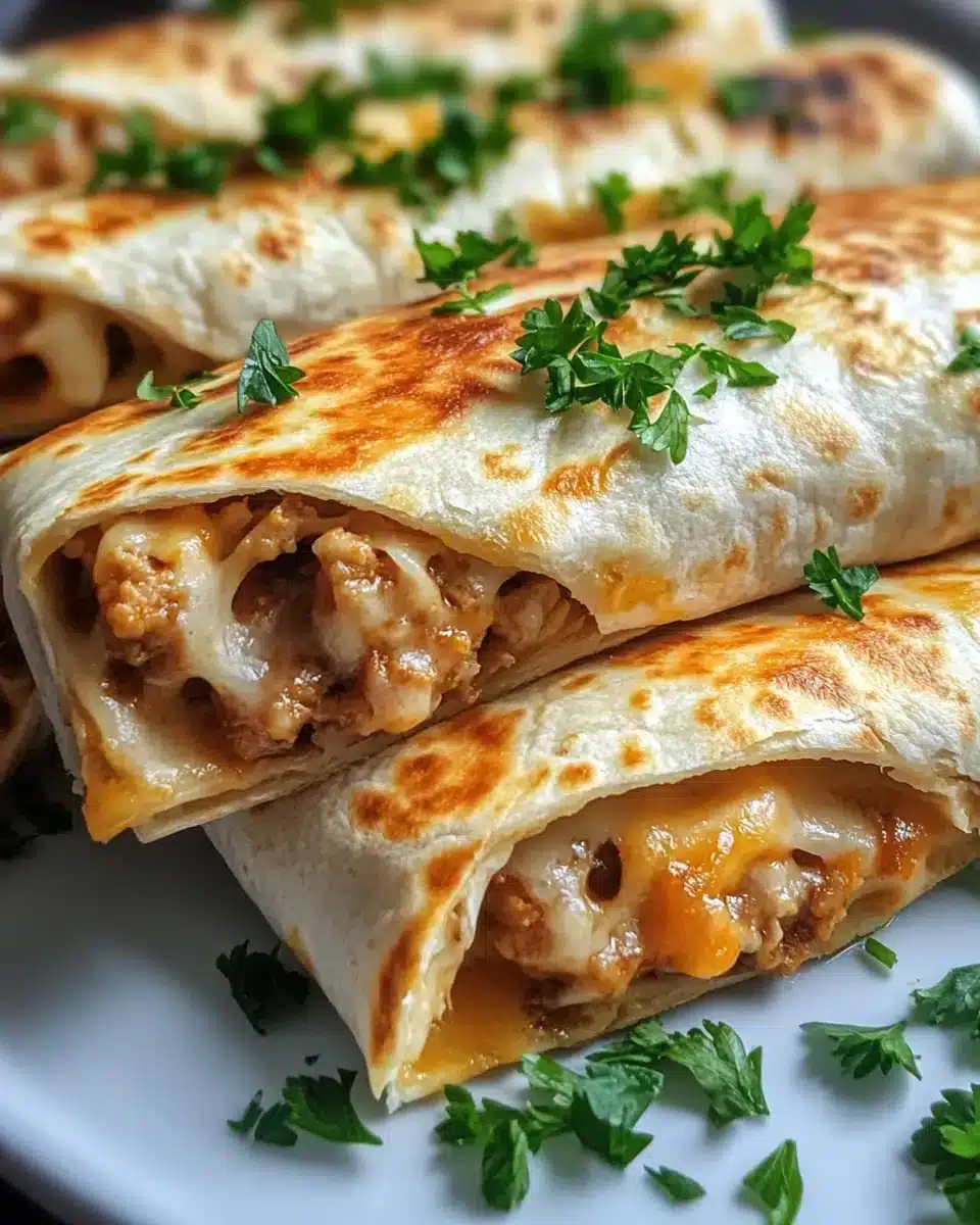 Cheesy Garlic Chicken Wraps Cheesy Garlic Chicken Wraps: A Tasty Dinner Delight served on a plate.