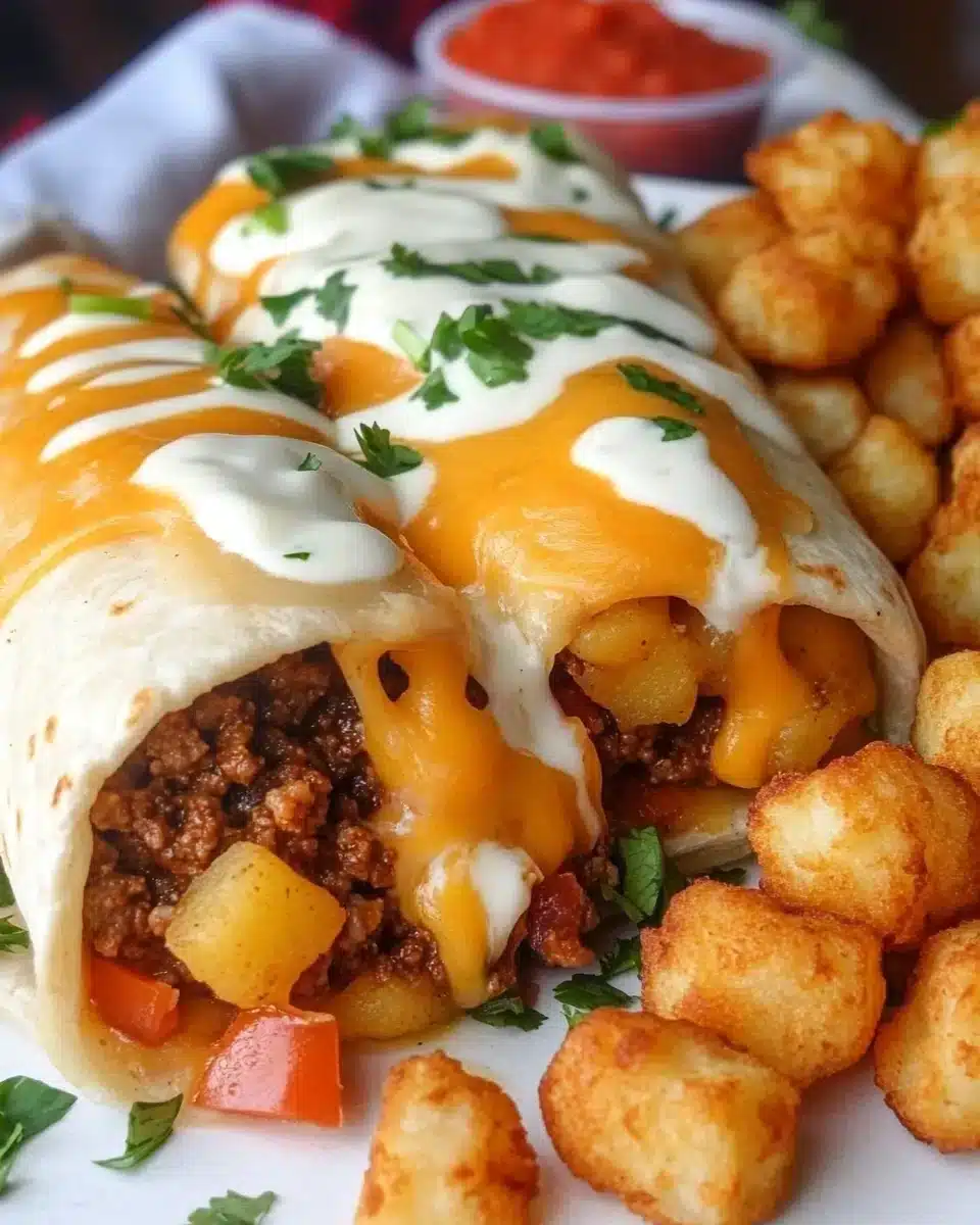 Cheesy Potato Burritos Comfort Meal Cheesy Potato Burritos Comfort Meal Recipe with tater tots and beef.