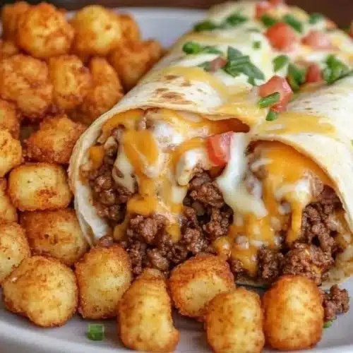 Cheesy Potato Burritos Comfort Meal Recipe 1 Cheesy Potato Burritos Comfort Meal Recipe served with crispy tater tots.