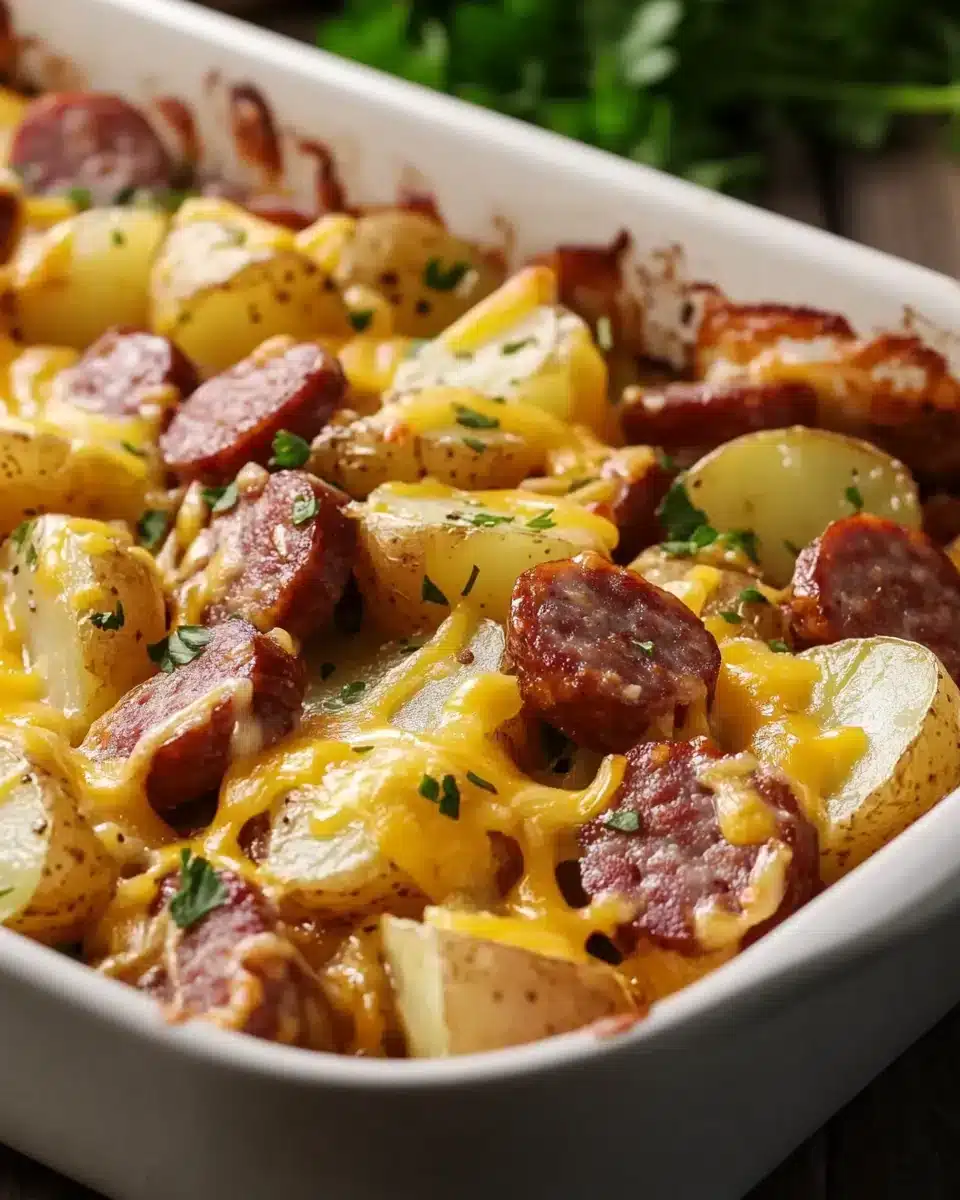 Cheesy Ranch Potatoes and Smoked Sausage Dish Cheesy Ranch Potatoes and Smoked Sausage dish ready to be served.