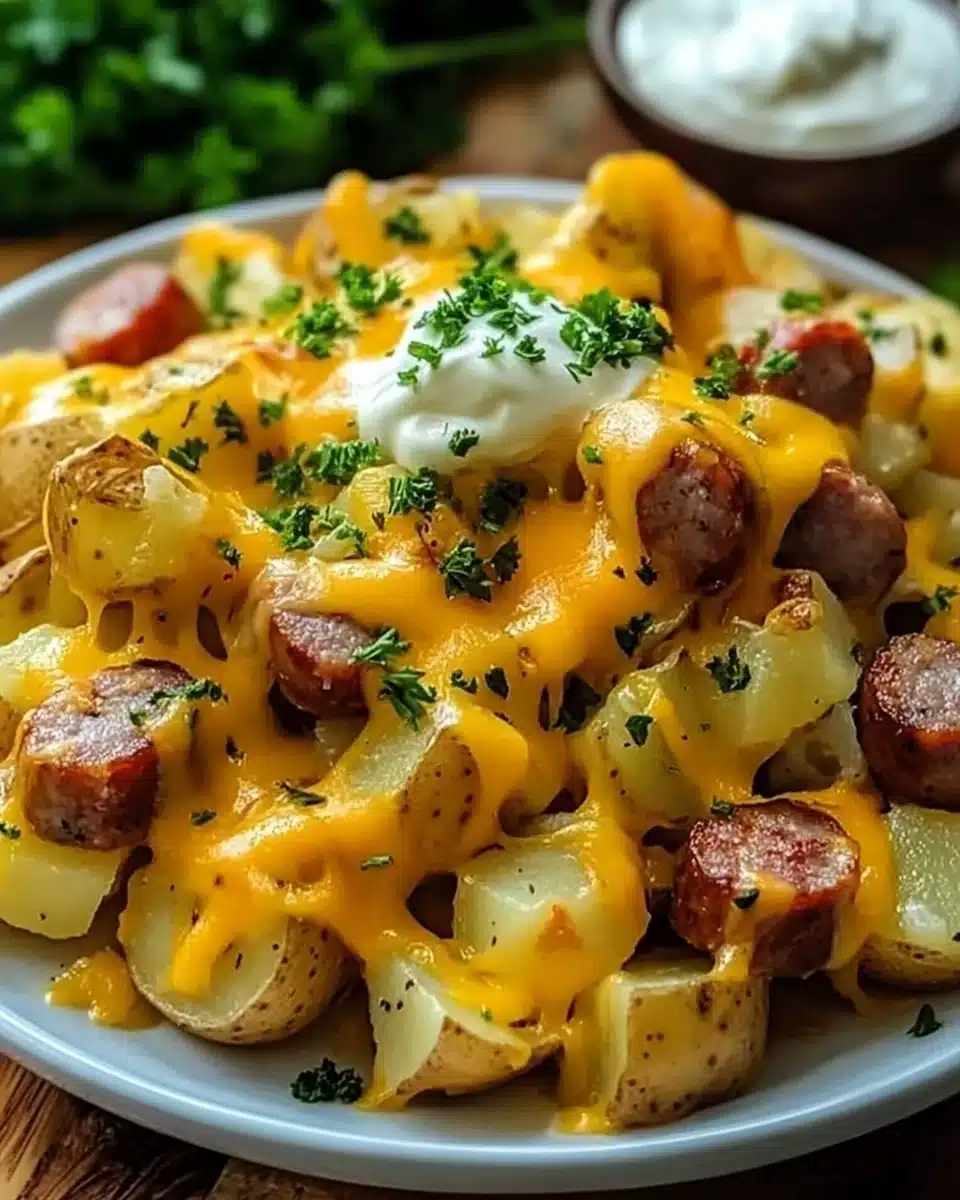 Cheesy Ranch Potatoes and Smoked Sausage Delicious Cheesy Ranch Potatoes and Smoked Sausage dish served warm.