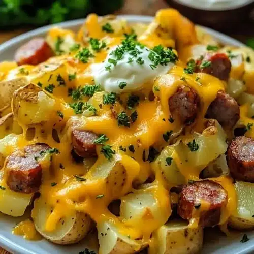 Cheesy Ranch Potatoes and Smoked Sausage: A Comforting Breakfast Delight 1 Delicious Cheesy Ranch Potatoes and Smoked Sausage dish served warm.