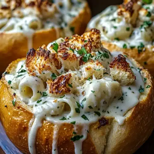 Delicious Chicken Alfredo Garlic Bread Bowls filled with creamy sauce and chicken.