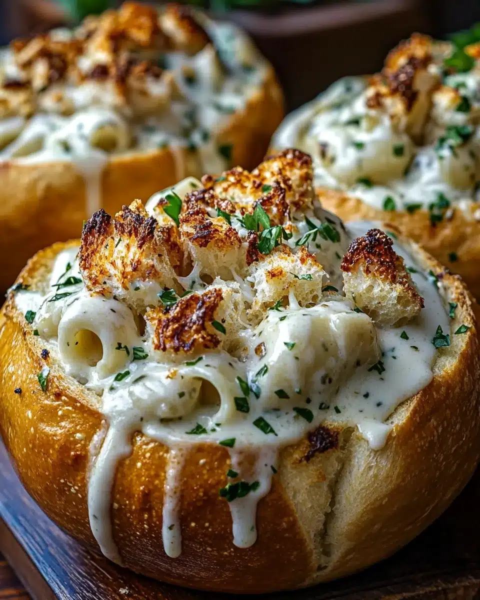 Chicken Alfredo Garlic Bread Bowls