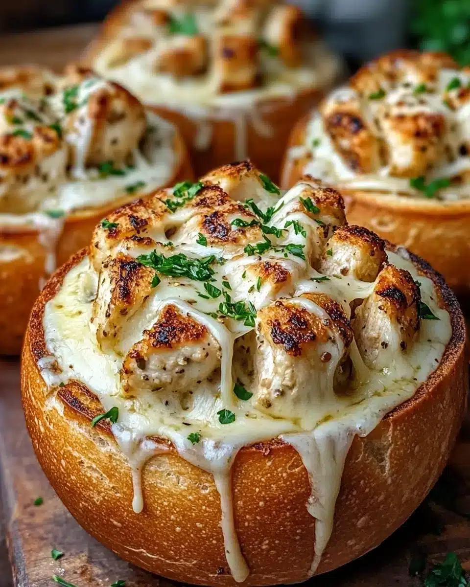 Delicious Chicken Alfredo Garlic Bread Bowls with creamy sauce and chicken