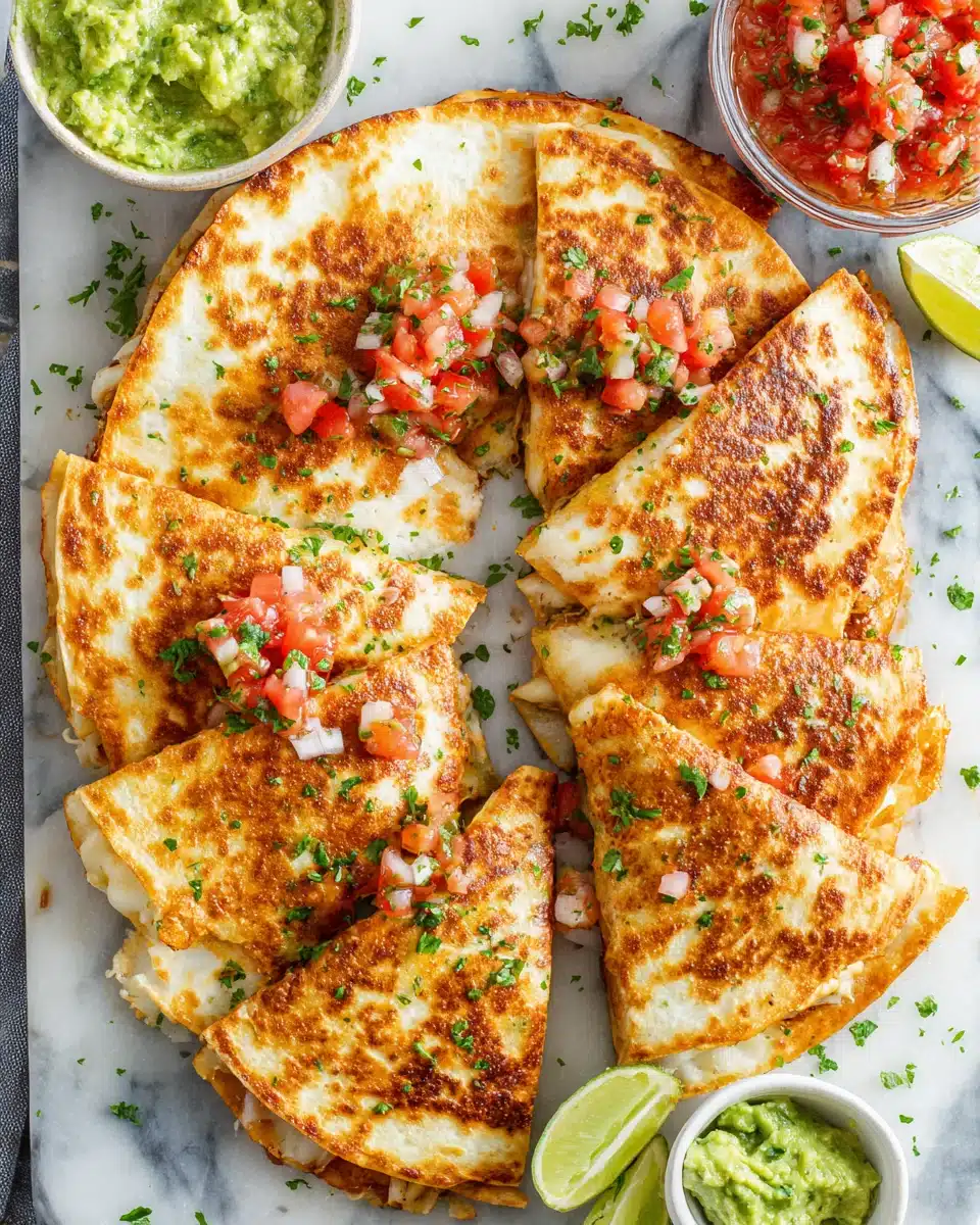 Delicious chicken quesadillas with salsa and guacamole.