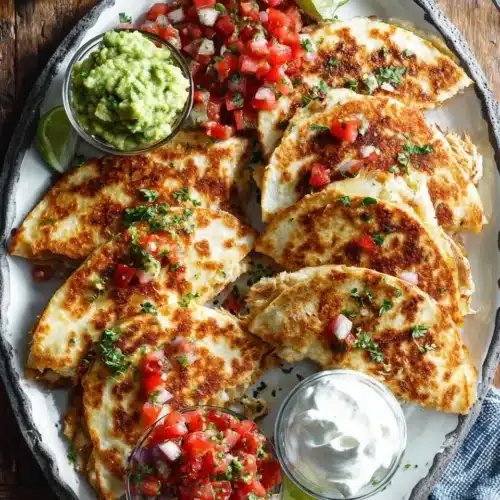 Delicious chicken quesadillas served with guacamole and salsa.
