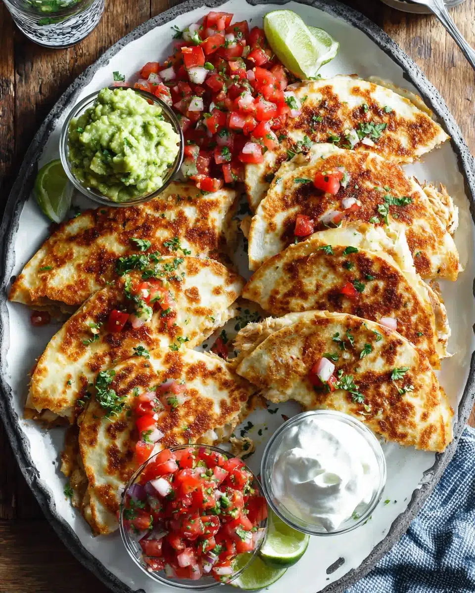 Delicious chicken quesadillas served with guacamole and salsa.