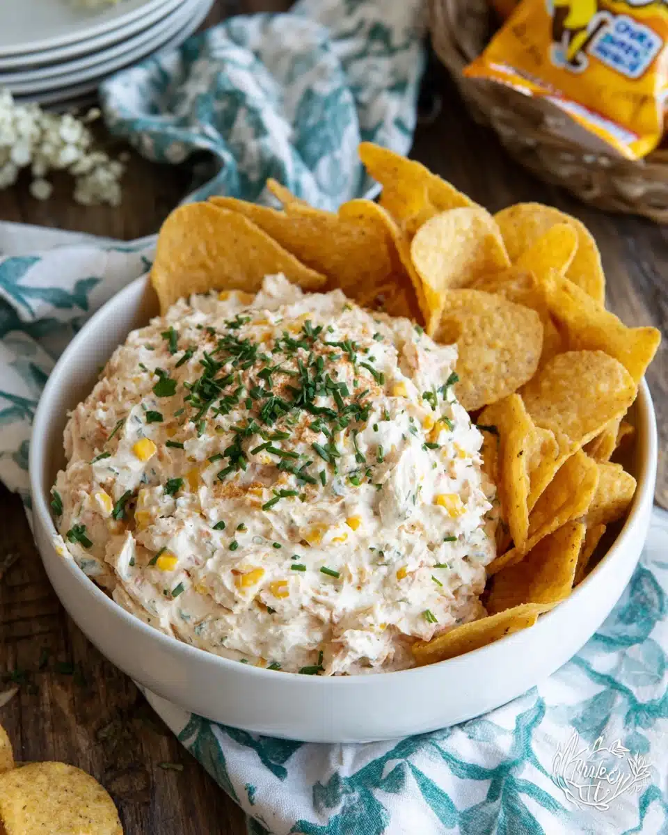 Delicious corn dip served with Fritos chips.