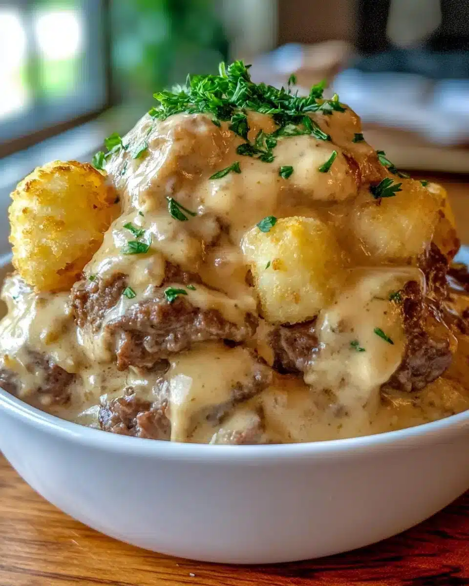 Savor the Cowboy Casserole, a hearty delight with beef and tater tots.