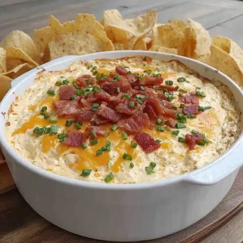 Delicious crack dip with bacon and cheese alongside tortilla chips.