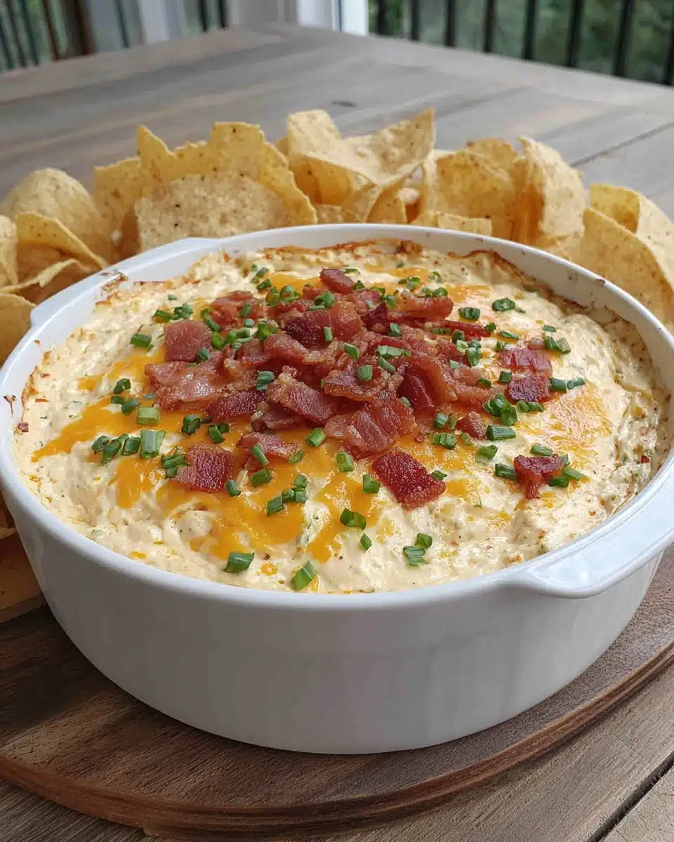 Delicious crack dip with bacon and cheese alongside tortilla chips.