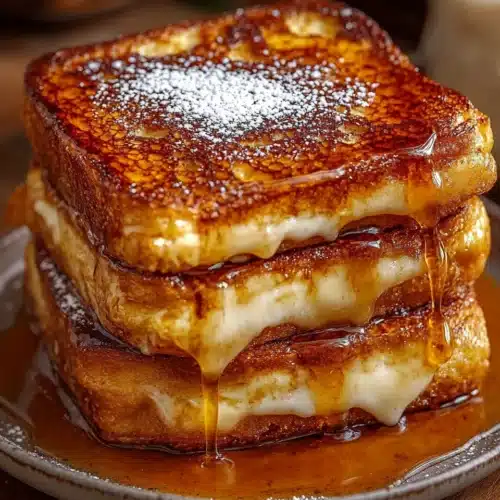 Delicious Crème Brûlée French Toast served with syrup.