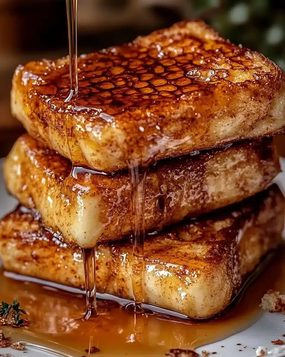 Delicious Crème Brûlée French Toast stacked with syrup.