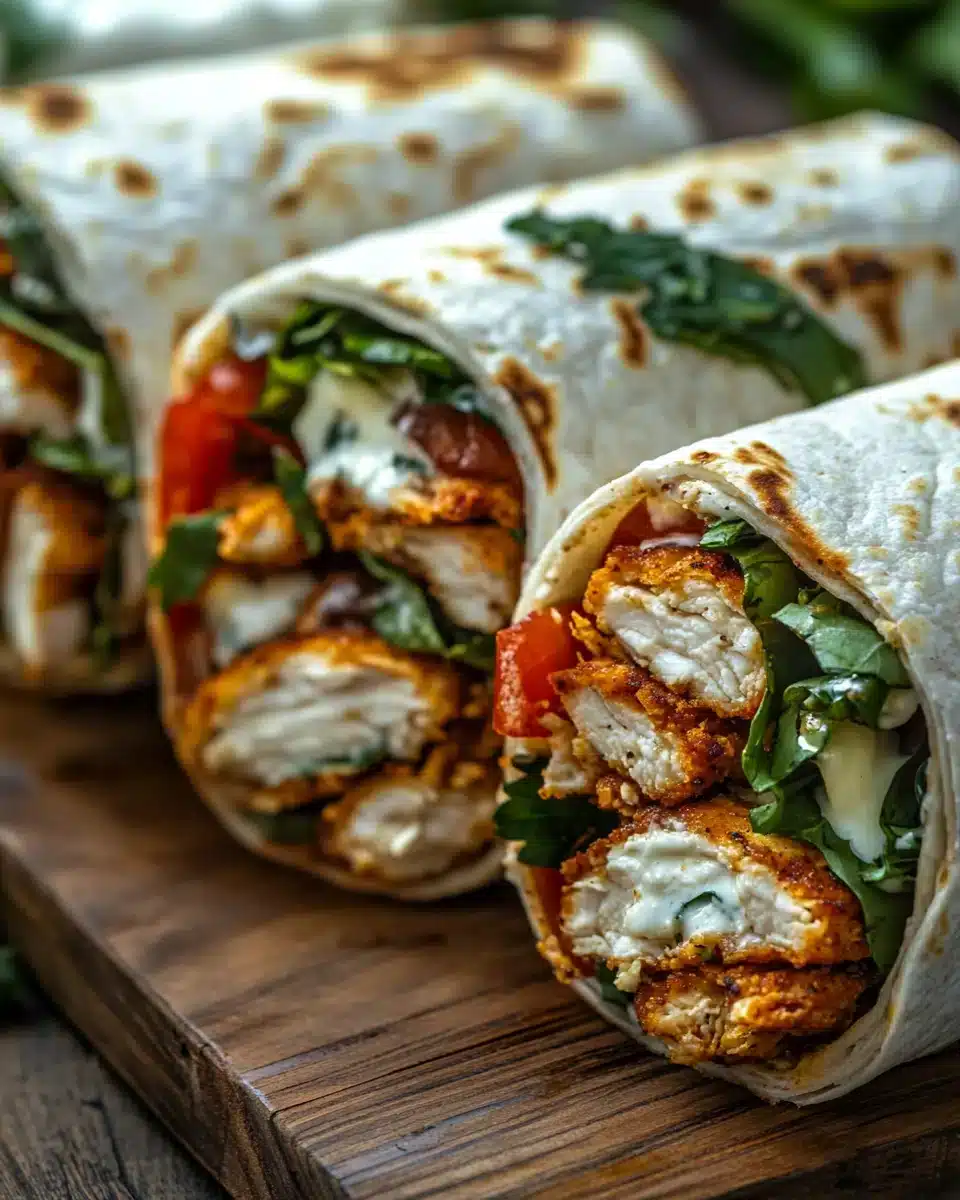 Crispy Air Fryer Chicken & Mozzarella Wraps on a wooden board.