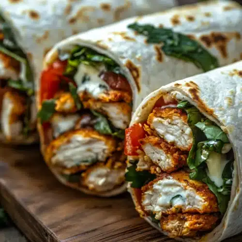 Crispy Air Fryer Chicken & Mozzarella Wraps on a wooden board.