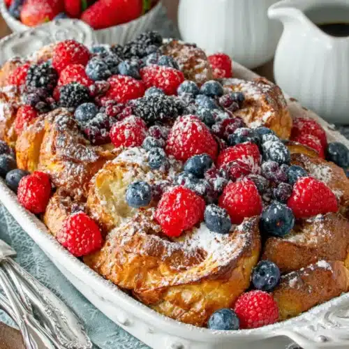 Indulgent croissant French toast casserole topped with berries.