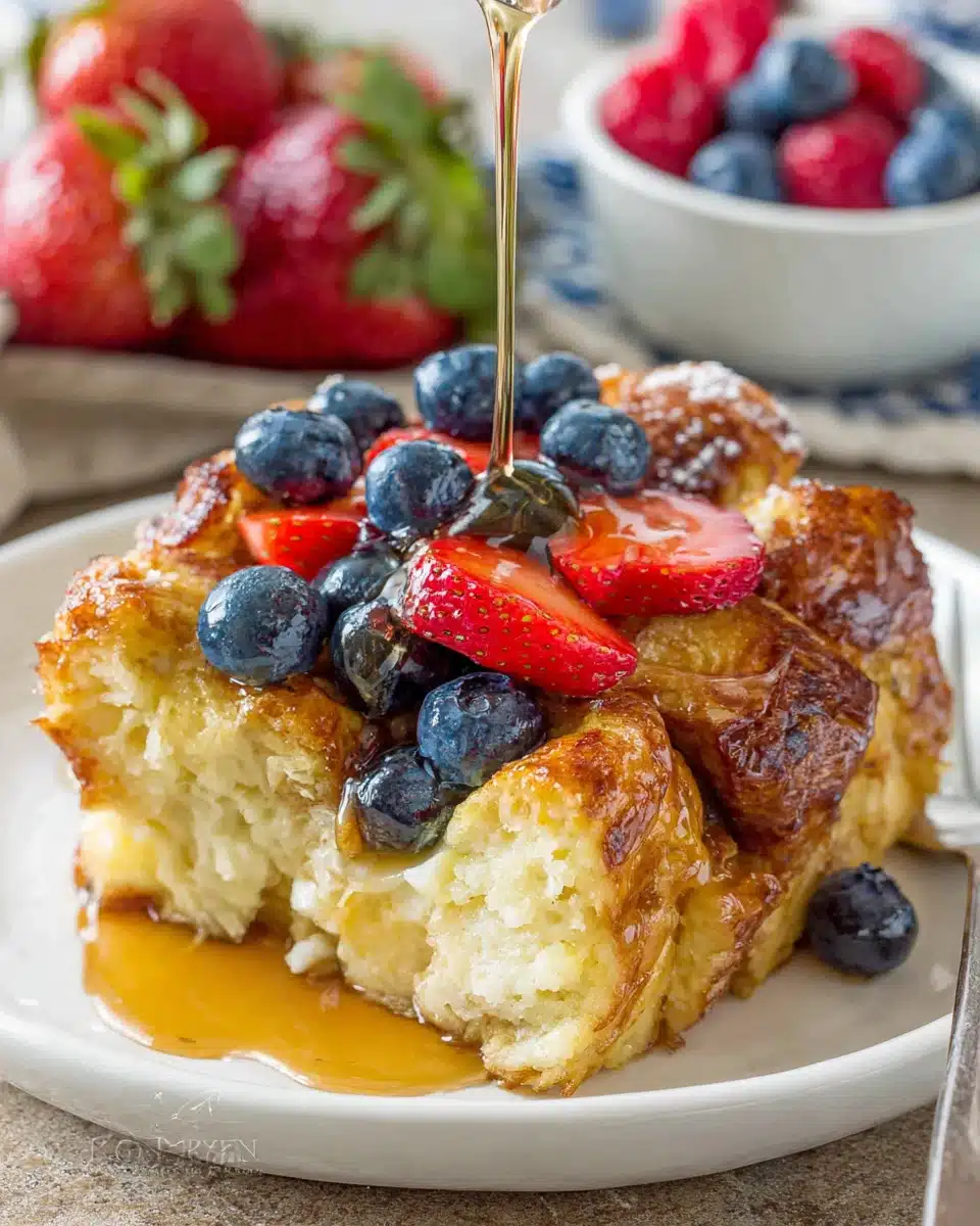 Indulgent croissant French toast casserole with berries.