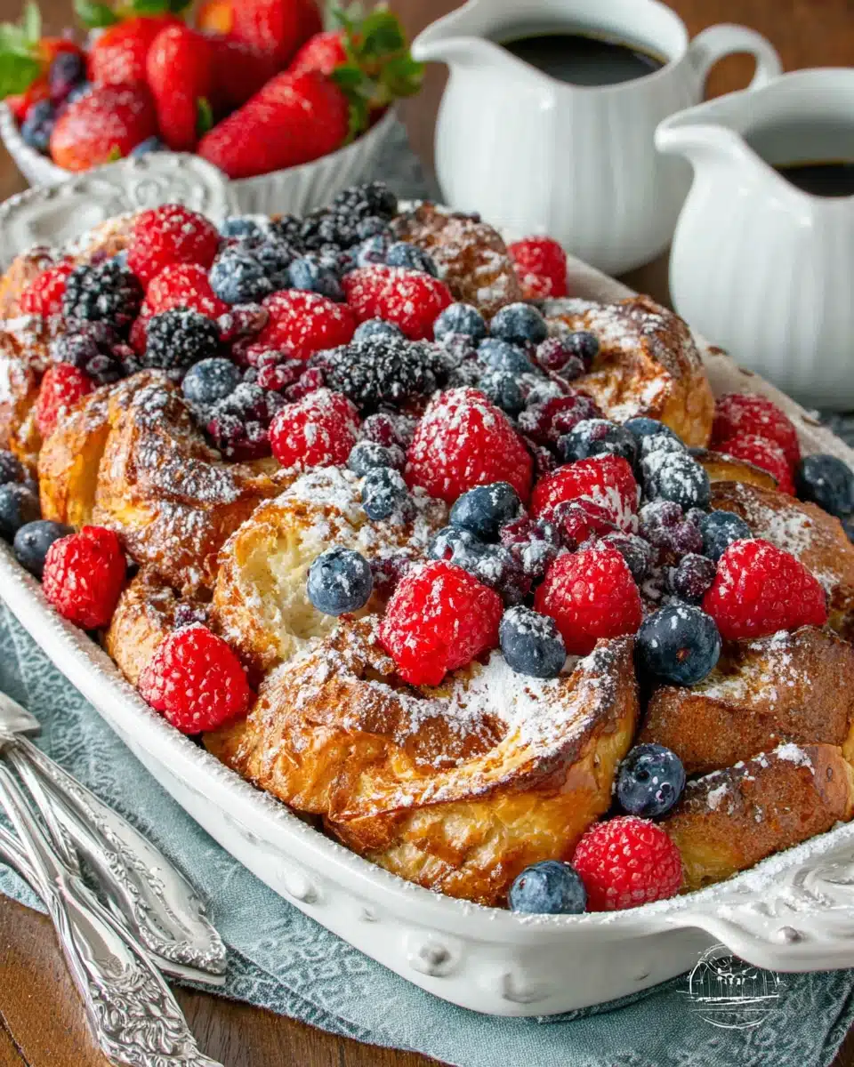 Indulgent croissant French toast casserole topped with berries.