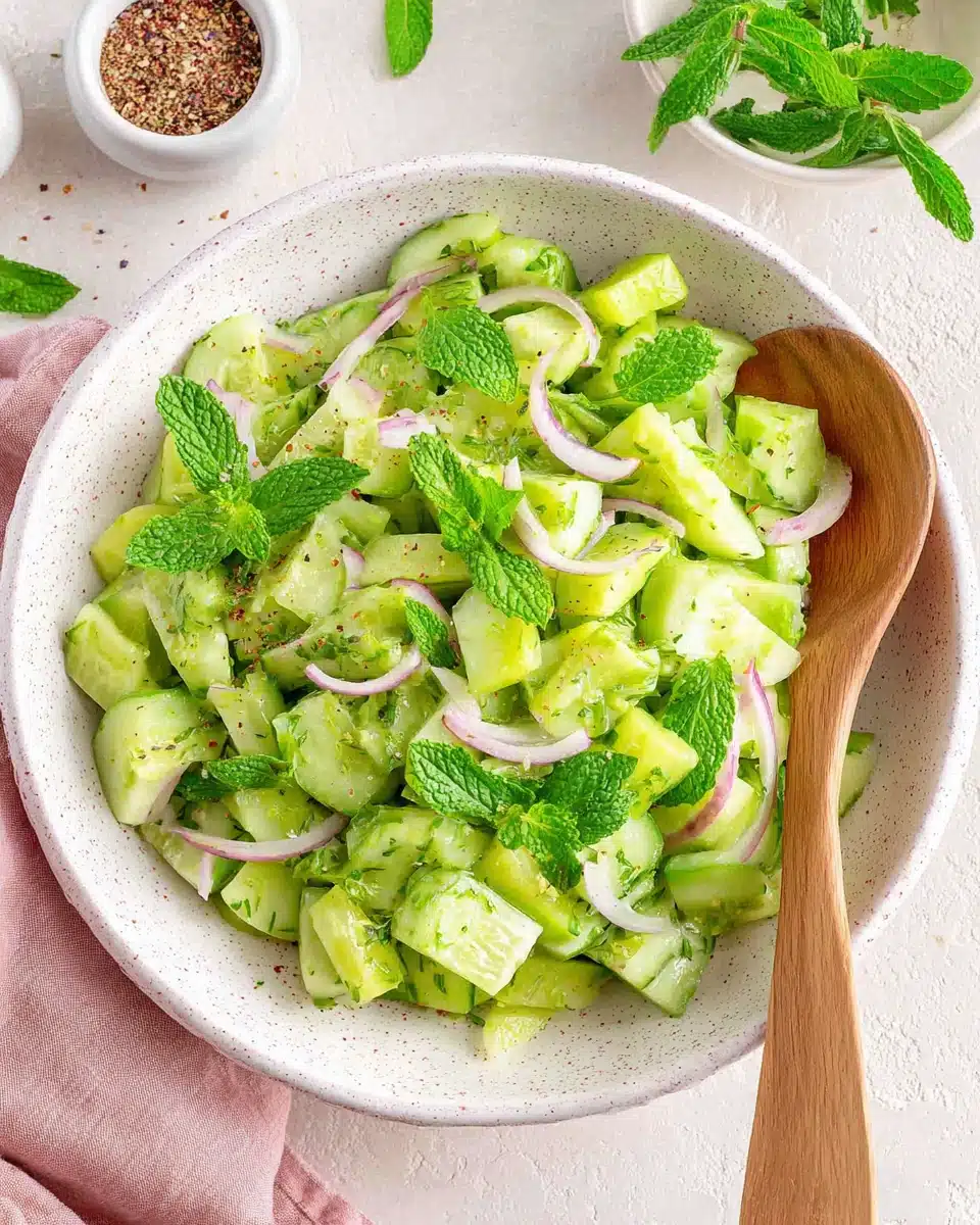 Crispy cucumber celery salad with fresh herbs and ingredients.