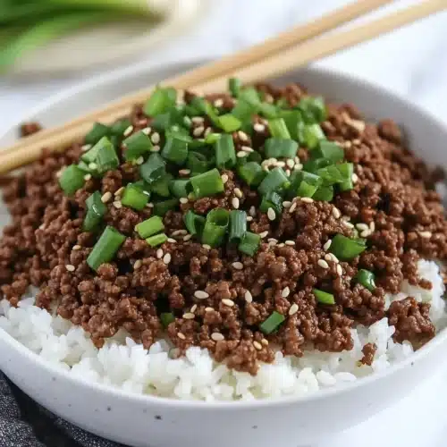 Delicious Korean Ground Beef Bowl (Quick & Easy) served in a white dish.