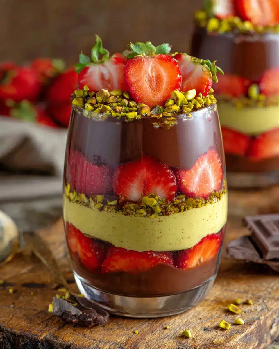 Delightful Dubai chocolate strawberry dessert in layers.