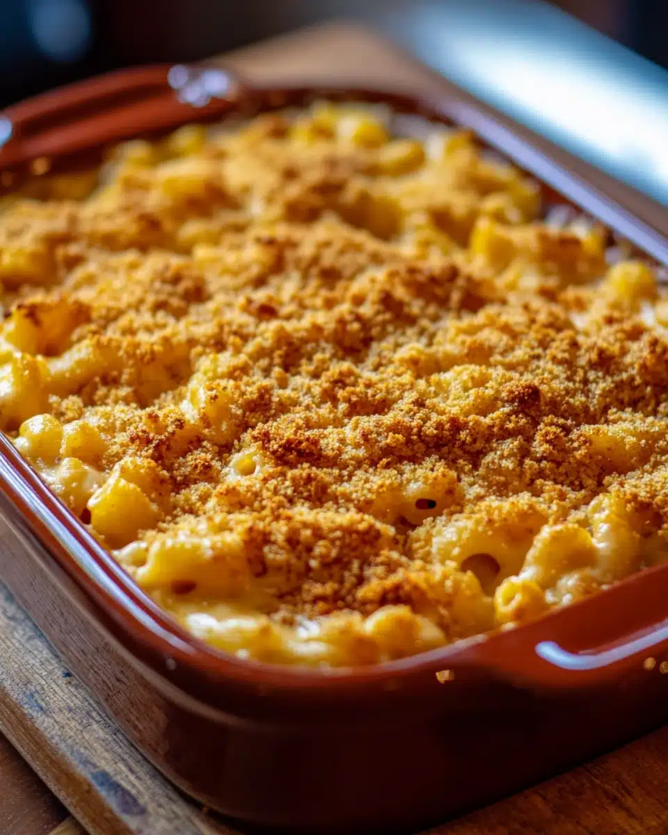 Easy Baked Mac and Cheese Recipe in a ceramic dish with breadcrumb topping