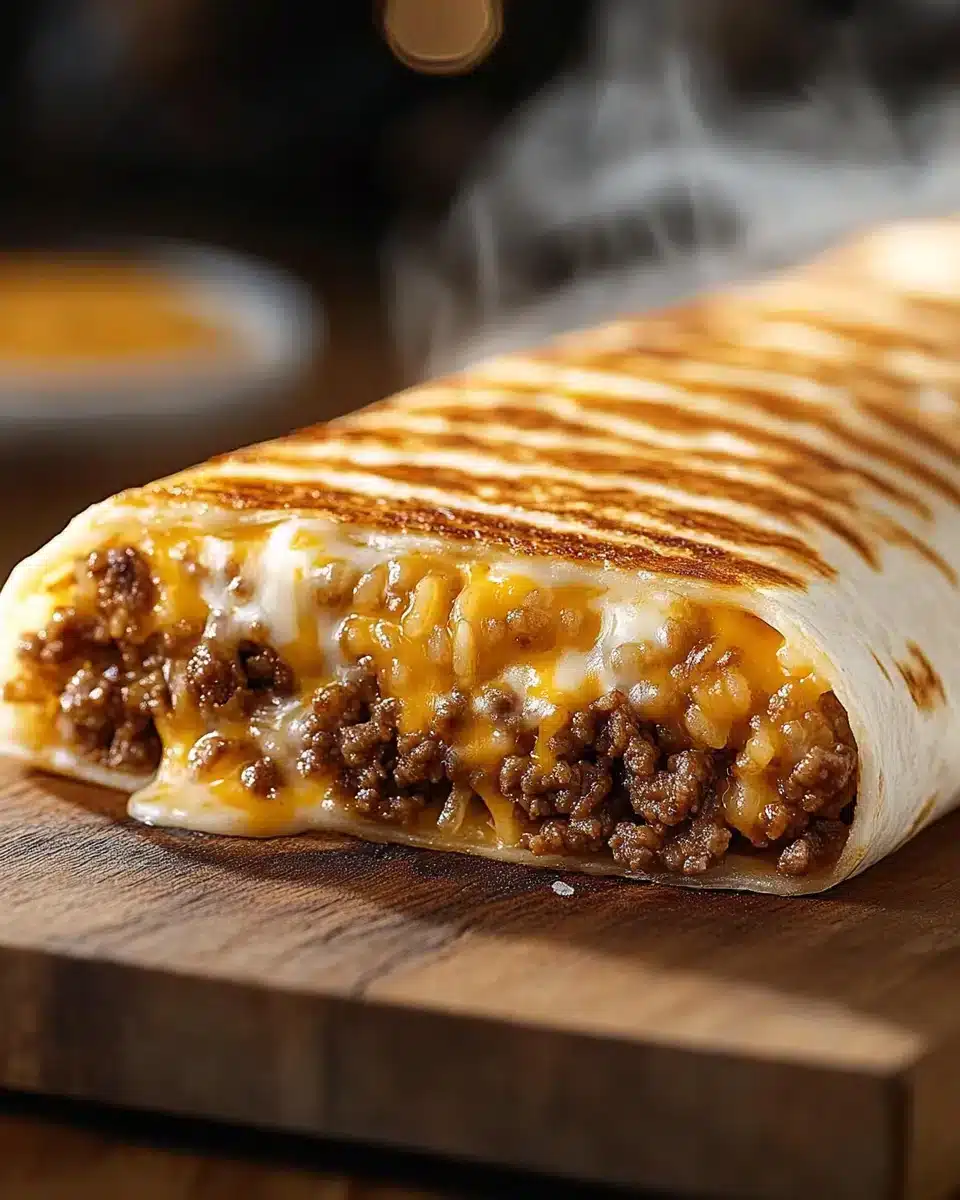 Easy Grilled Cheese Burrito Delicious Easy Grilled Cheese Burrito with gooey cheese and ground beef.