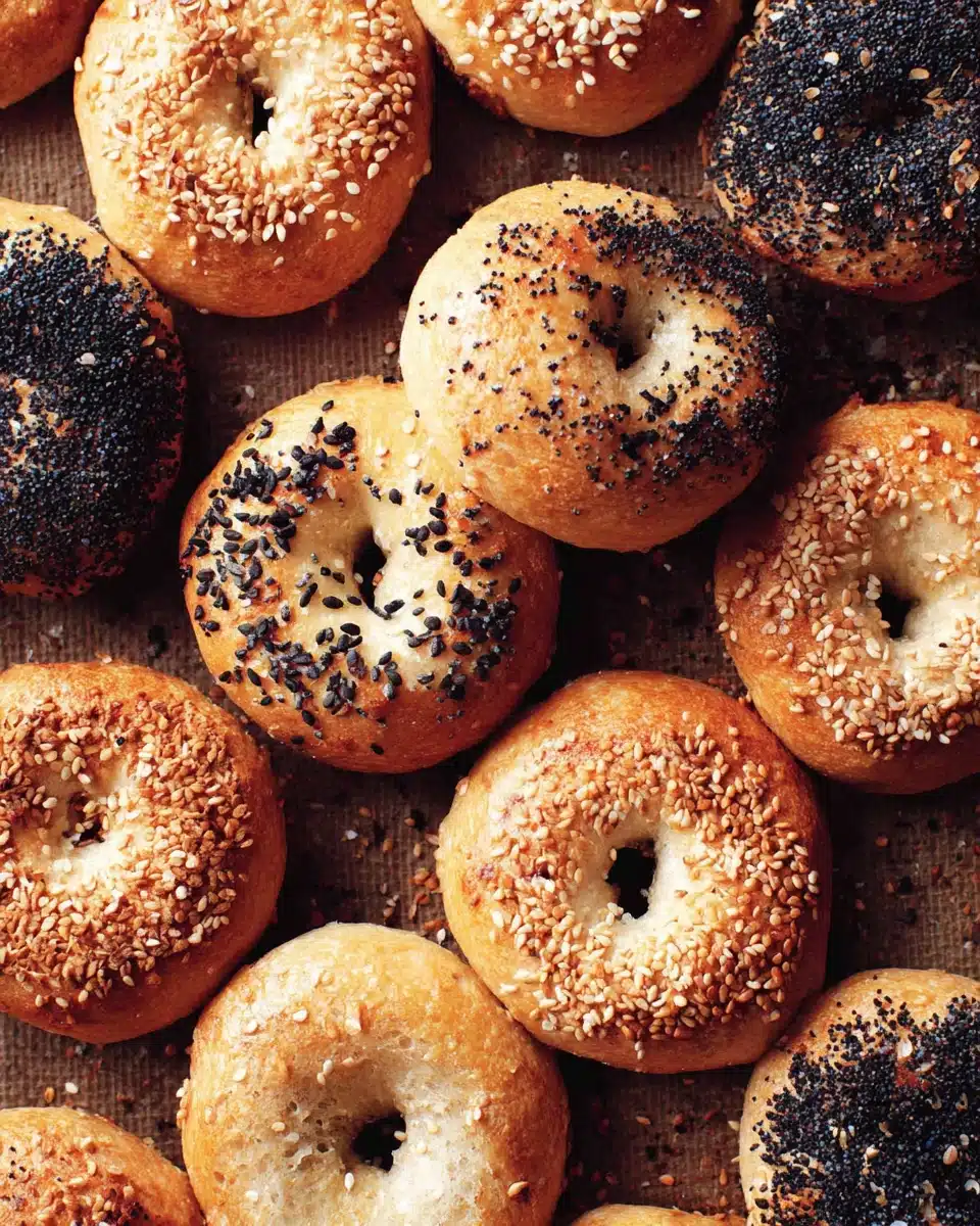 Delicious homemade bagels topped with seeds.