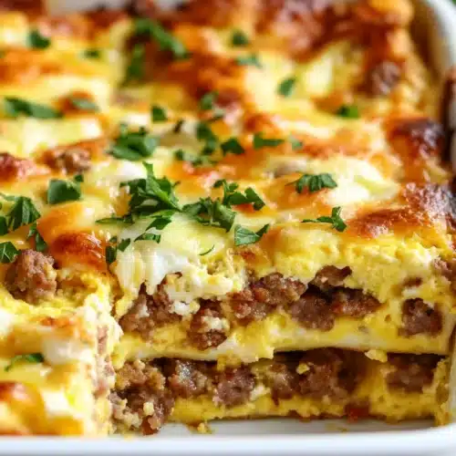 Easy Sausage and Egg Casserole with layers of sausage and cheese.
