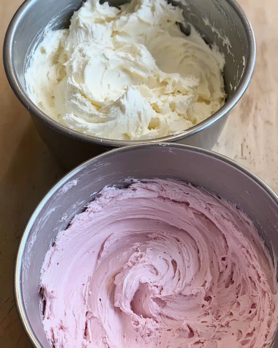 Buttercream frosting for flower cupcakes, pink and white mixtures