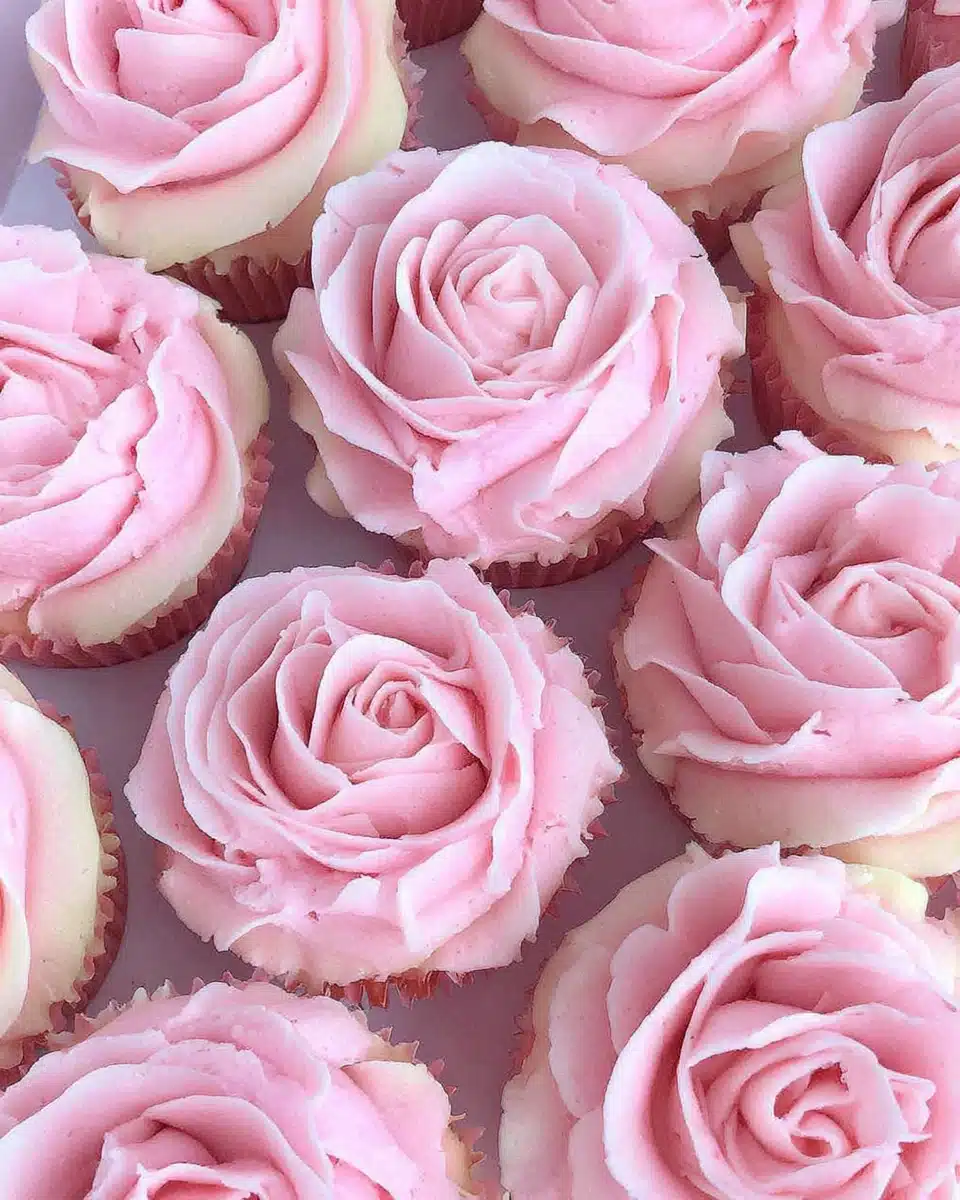 Flower cupcakes with pink rose frosting design.