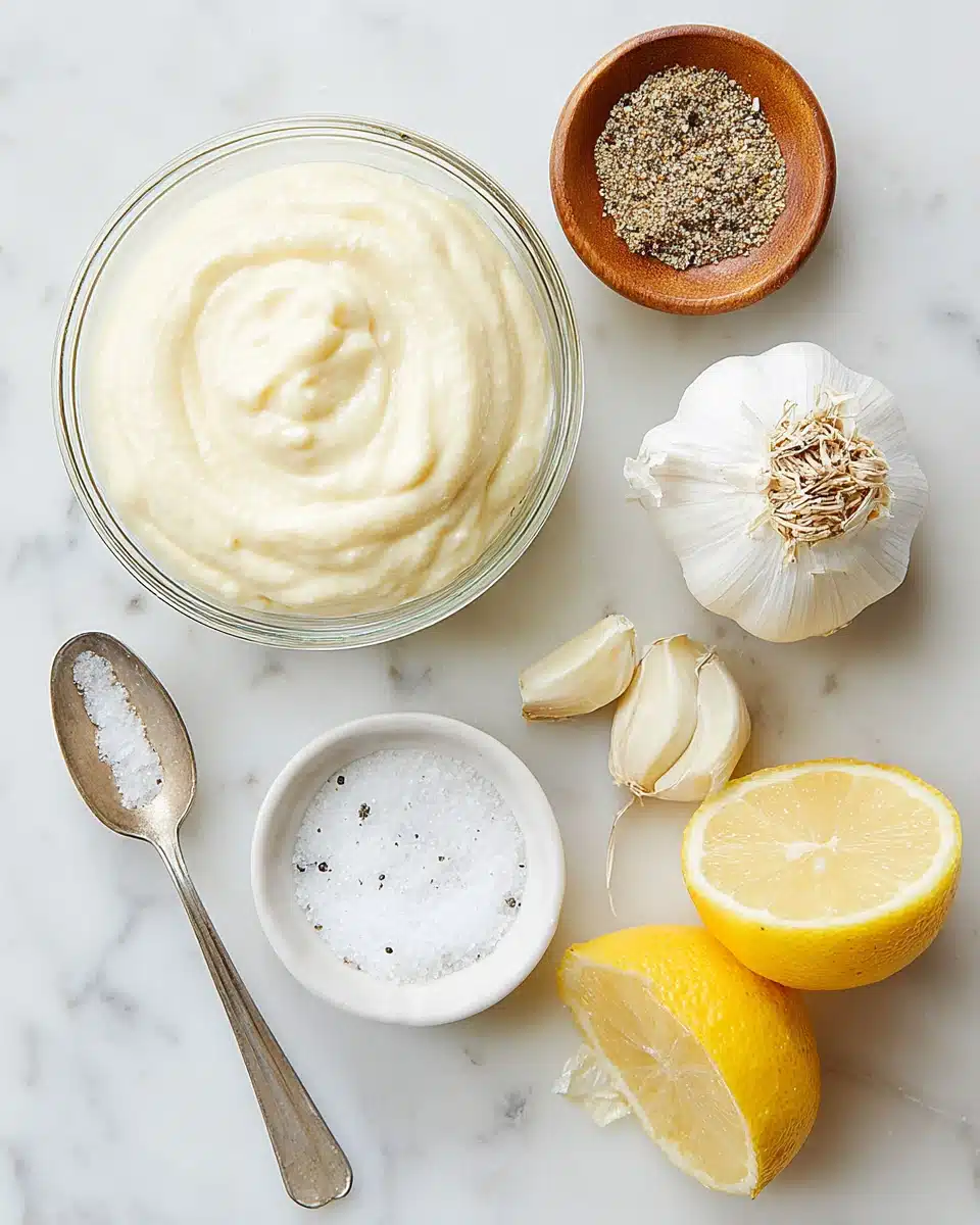 Garlic aioli ingredients including mayonnaise, garlic, and lemon.